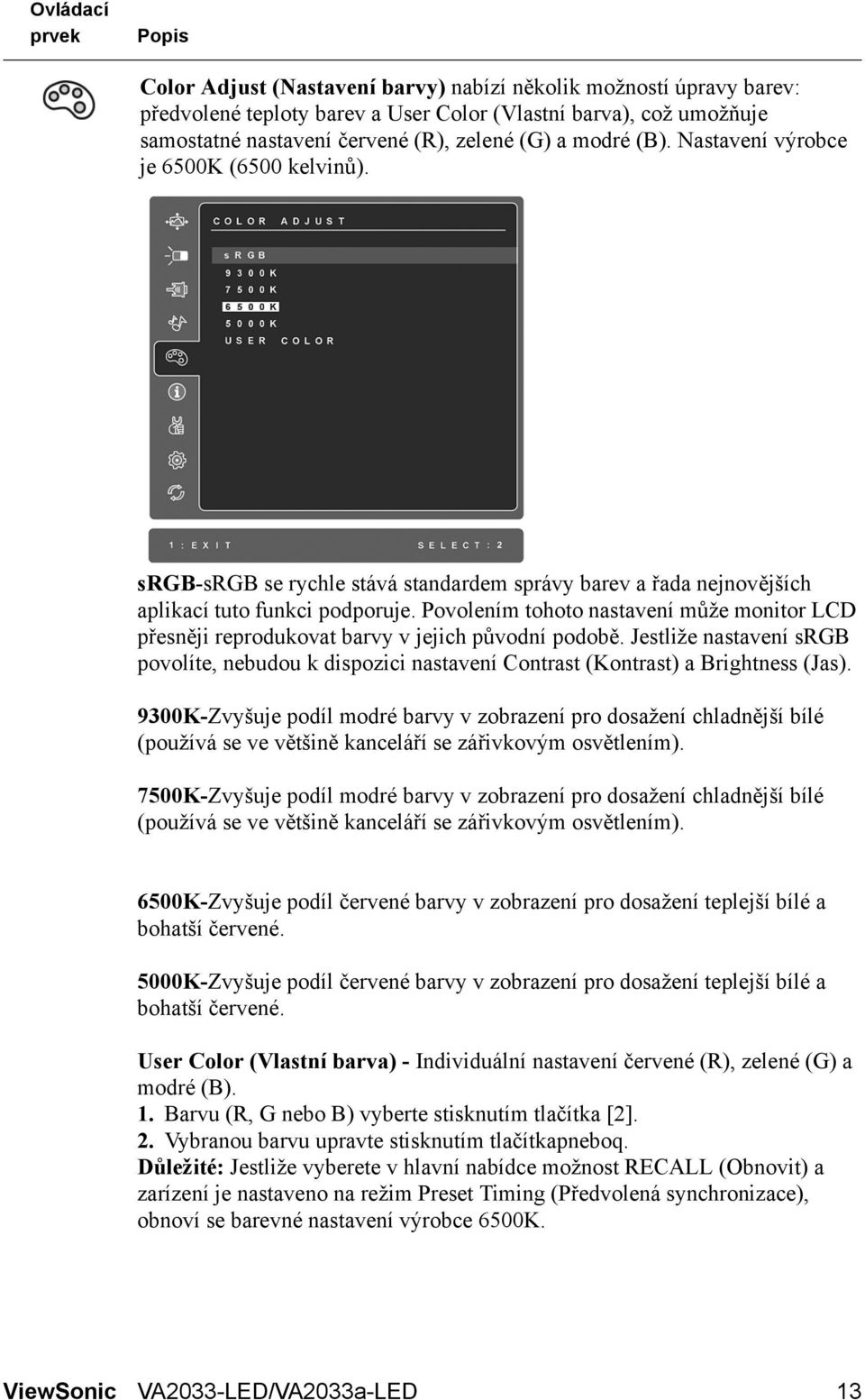 Povolením tohoto nastavení může monitor LCD přesněji reprodukovat barvy v jejich původní podobě. Jestliže nastavení srgb povolíte, nebudou k dispozici nastavení Contrast (Kontrast) a Brightness (Jas).