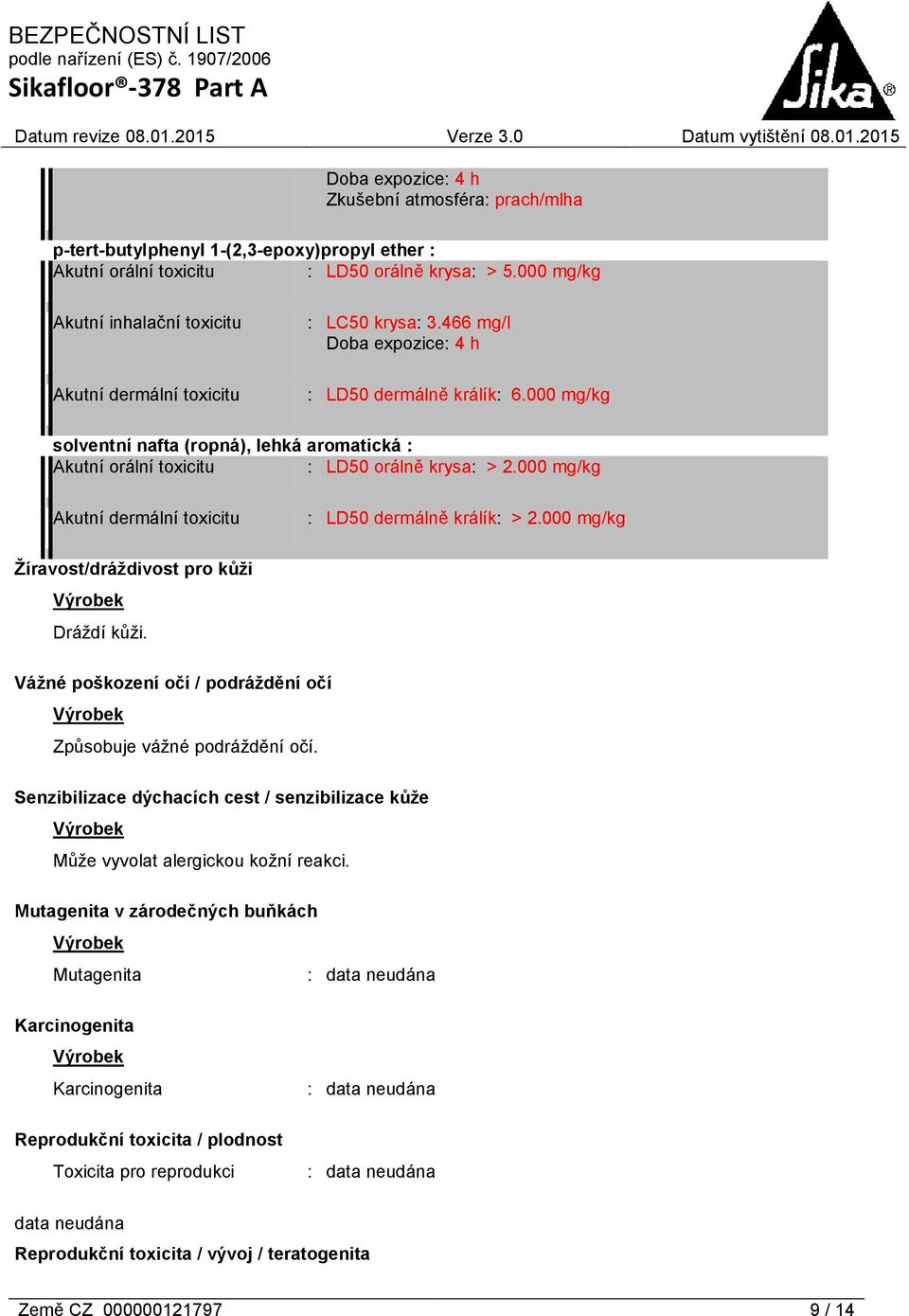 000 mg/kg solventní nafta (ropná), lehká aromatická : Akutní orální toxicitu : LD50 orálně krysa: > 2.000 mg/kg Akutní dermální toxicitu : LD50 dermálně králík: > 2.