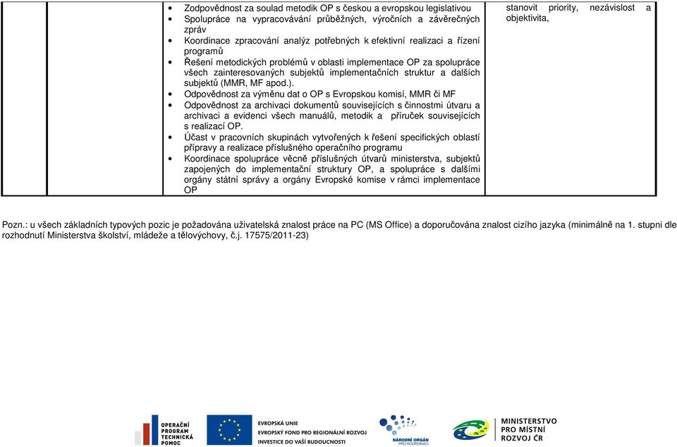 Odpovědnost za výměnu dat o s Evropskou komisí, MMR či MF Odpovědnost za archivaci dokumentů souvisejících s činnostmi útvaru a archivaci a evidenci všech manuálů, metodik a příruček souvisejících s