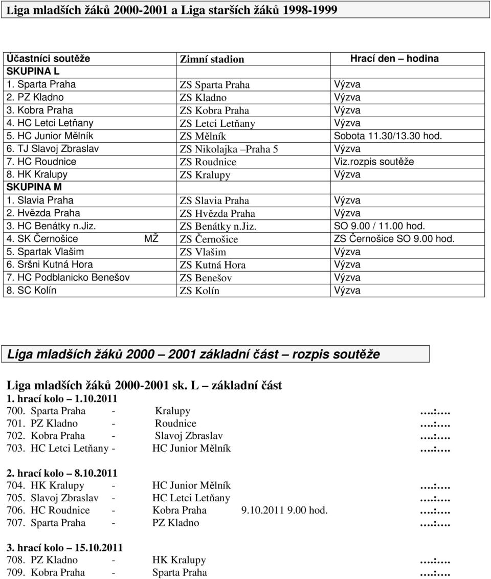 HC Roudnice ZS Roudnice Viz.rozpis soutěže 8. HK Kralupy ZS Kralupy Výzva SKUPINA M 1. Slavia Praha ZS Slavia Praha Výzva 2. Hvězda Praha ZS Hvězda Praha Výzva 3. HC Benátky n.jiz. ZS Benátky n.jiz. SO 9.