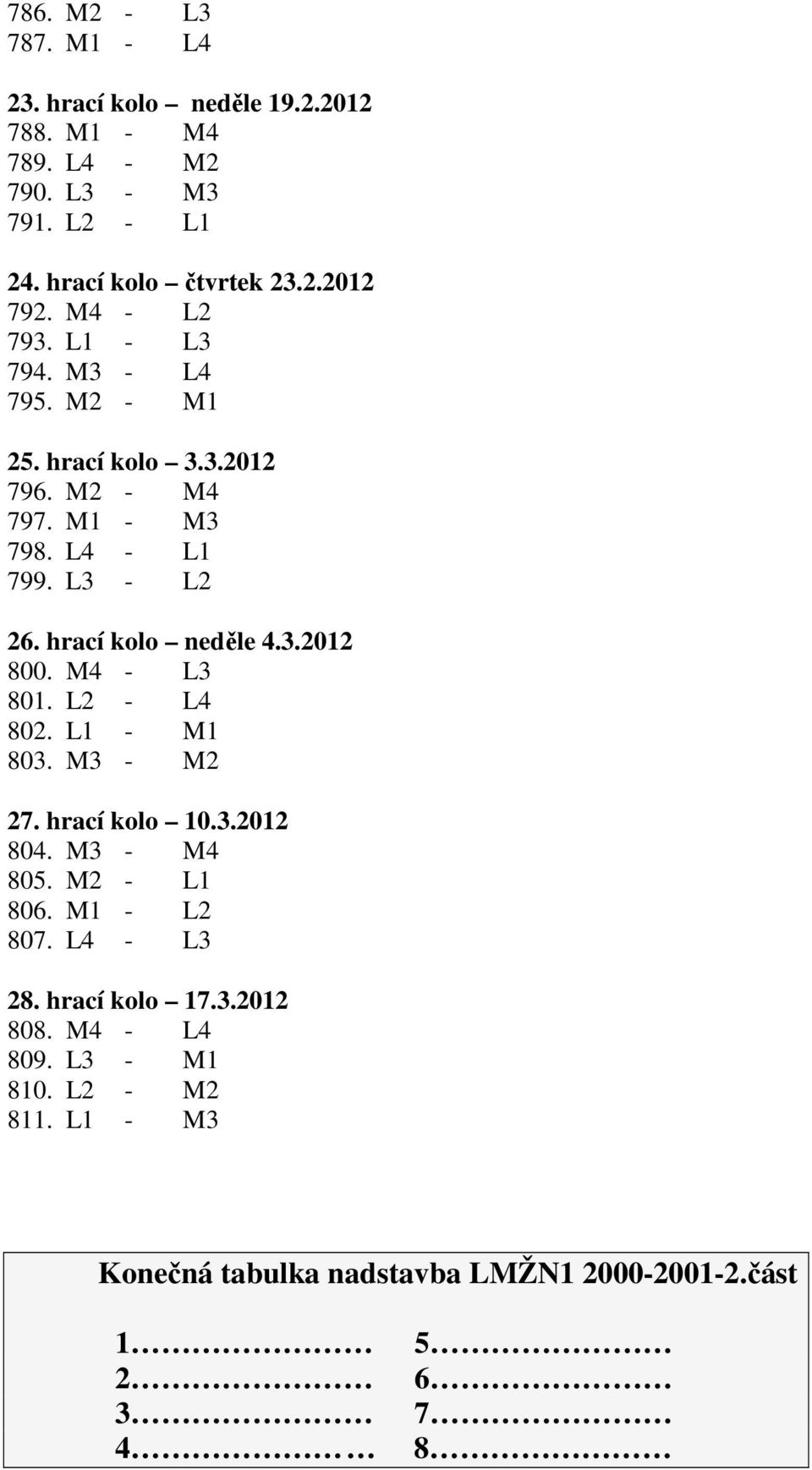 hrací kolo neděle 4.3.2012 800. M4 - L3 801. L2 - L4 802. L1 - M1 803. M3 - M2 27. hrací kolo 10.3.2012 804. M3 - M4 805. M2 - L1 806.