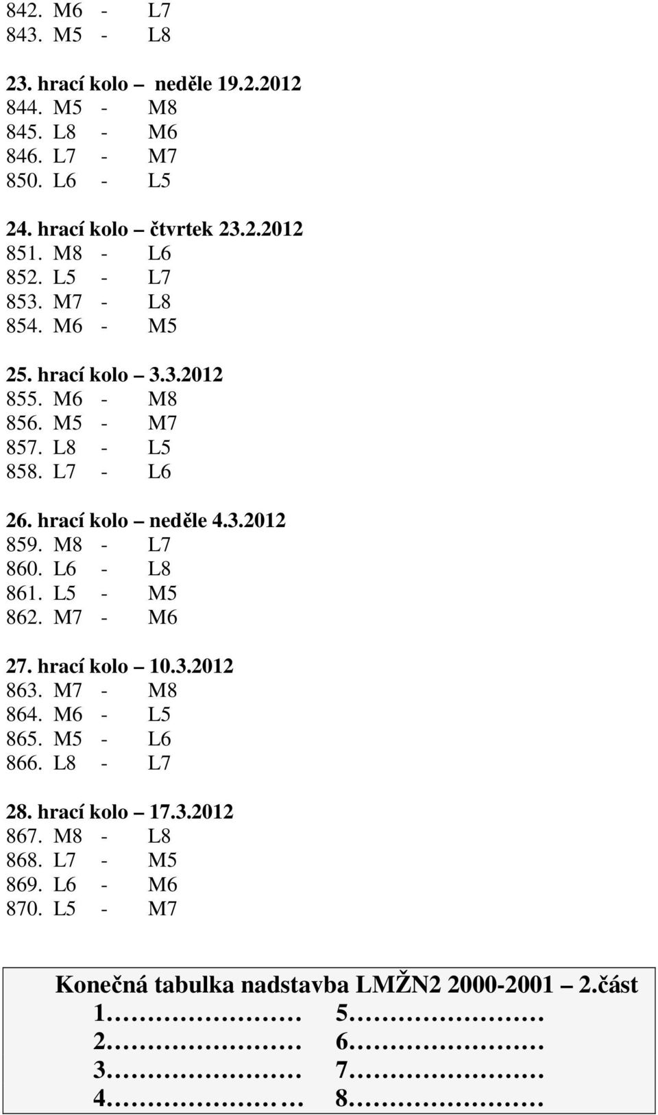 hrací kolo neděle 4.3.2012 859. M8 - L7 860. L6 - L8 861. L5 - M5 862. M7 - M6 27. hrací kolo 10.3.2012 863. M7 - M8 864. M6 - L5 865.