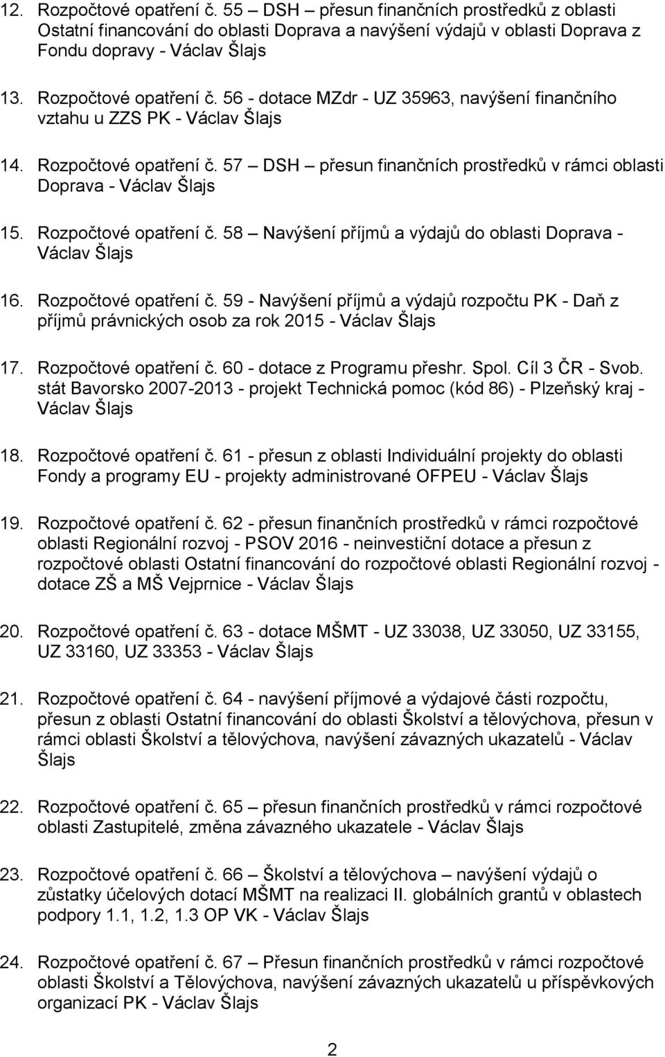 57 DSH přesun finančních prostředků v rámci oblasti Doprava - Václav Šlajs 15. Rozpočtové opatření č.