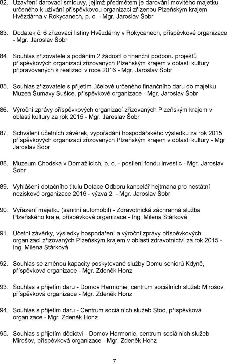 Souhlas zřizovatele s podáním 2 žádostí o finanční podporu projektů příspěvkových organizací zřizovaných Plzeňským krajem v oblasti kultury připravovaných k realizaci v roce 2016 - Mgr.