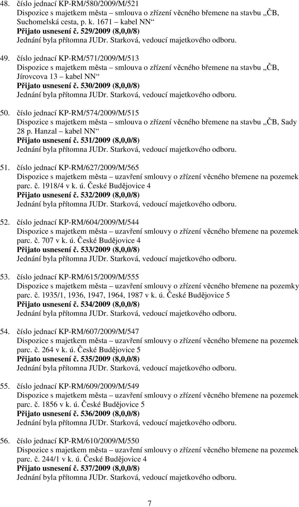 číslo jednací KP-RM/574/2009/M/515 Dispozice s majetkem města smlouva o zřízení věcného břemene na stavbu ČB, Sady 28 p. Hanzal kabel NN Přijato usnesení č. 531/2009 (8,0,0/8) 51.