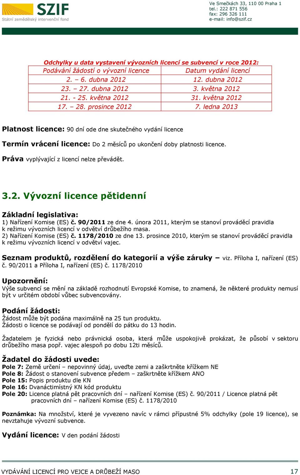 Práva vyplývající z licencí nelze převádět. 3.2. Vývozní licence pětidenní Základní legislativa: 1) Nařízení Komise (ES) č. 90/2011 ze dne 4.