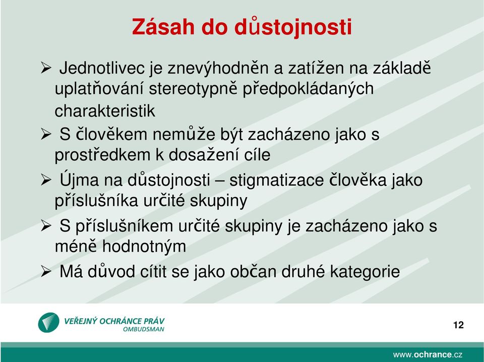 cíle Újma na důstojnosti stigmatizace člověka jako příslušníka určité skupiny S příslušníkem