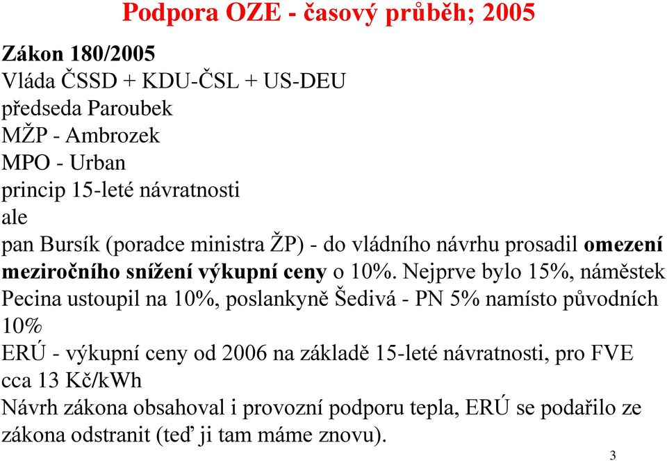 Nejprve bylo 15%, náměstek Pecina ustoupil na 10%, poslankyně Šedivá - PN 5% namísto původních 10% ERÚ - výkupní ceny od 2006 na základě