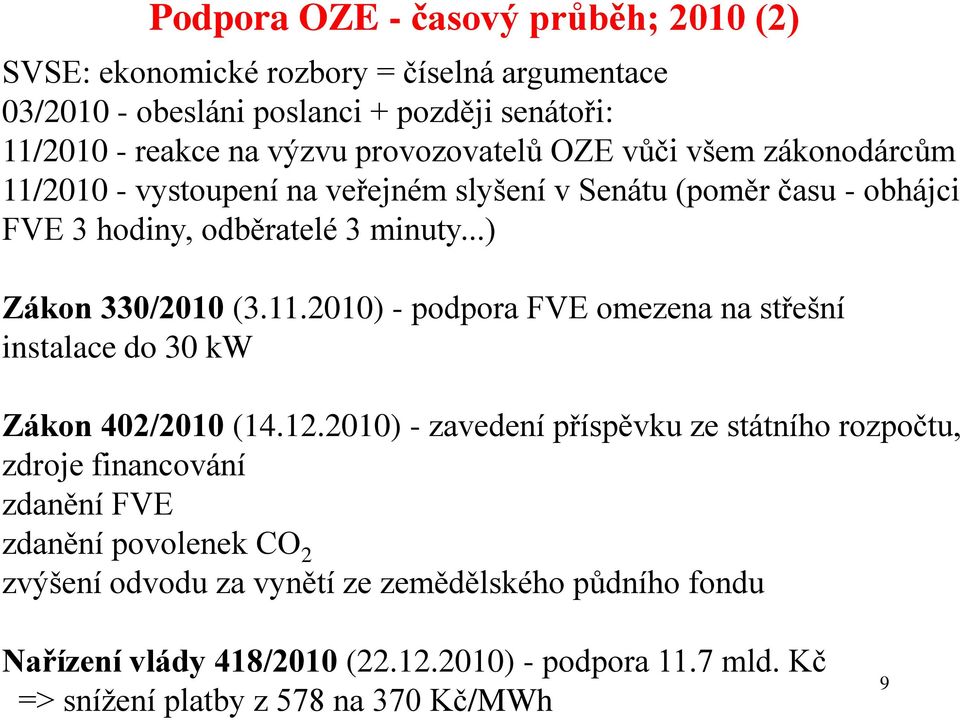 11.2010) - podpora FVE omezena na střešní instalace do 30 kw Zákon 402/2010 (14.12.