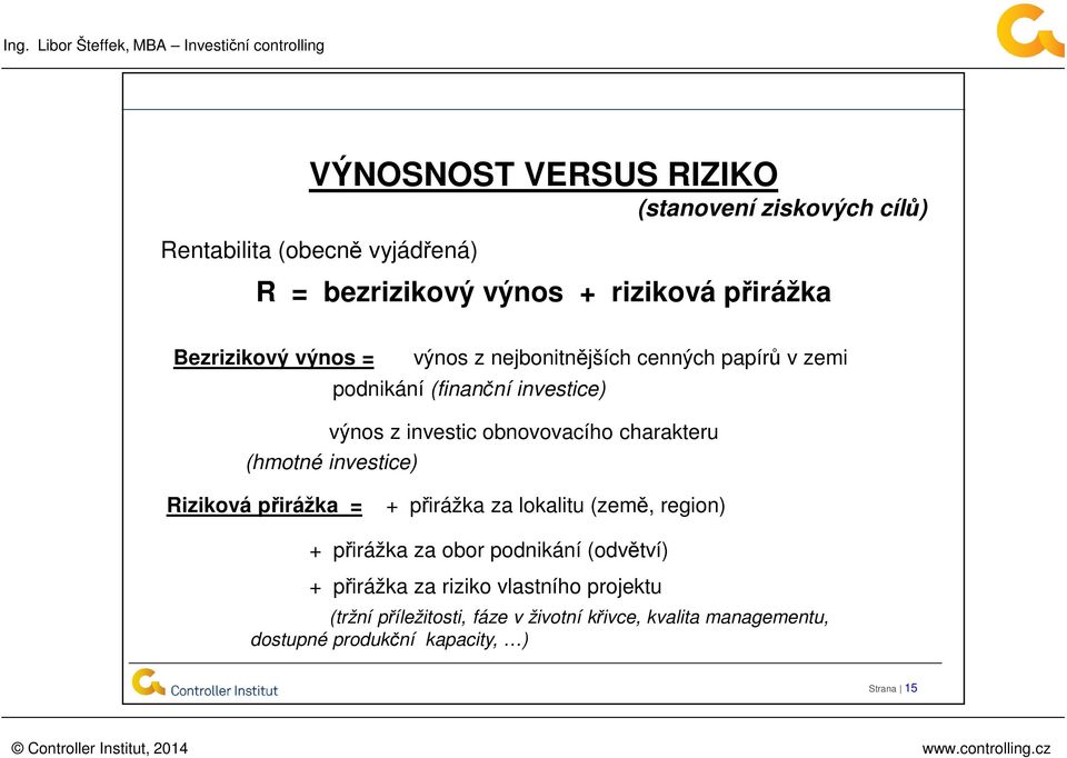 charakteru (hmotné investice) Riziková přirážka = + přirážka za lokalitu (země, region) + přirážka za obor podnikání (odvětví) +