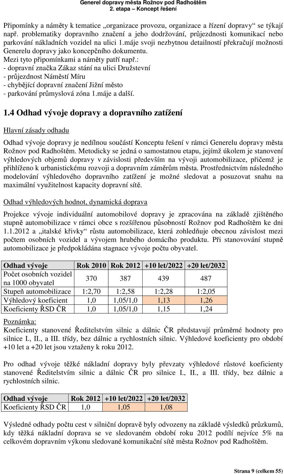 máje svoji nezbytnou detailností překračují možnosti Generelu dopravy jako koncepčního dokumentu. Mezi tyto připomínkami a náměty patří např.