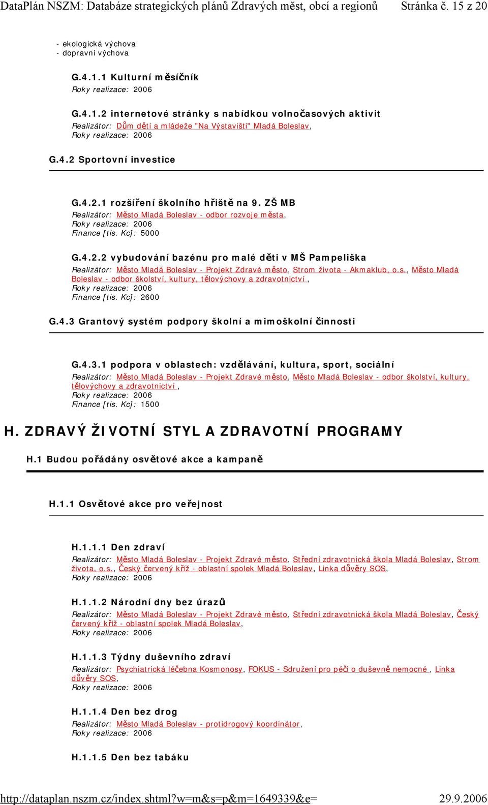 s., Město Mladá Boleslav - odbor školství, kultury, tělovýchovy a zdravotnictví, Finance [tis. Kc]: 2600 G.4.3 