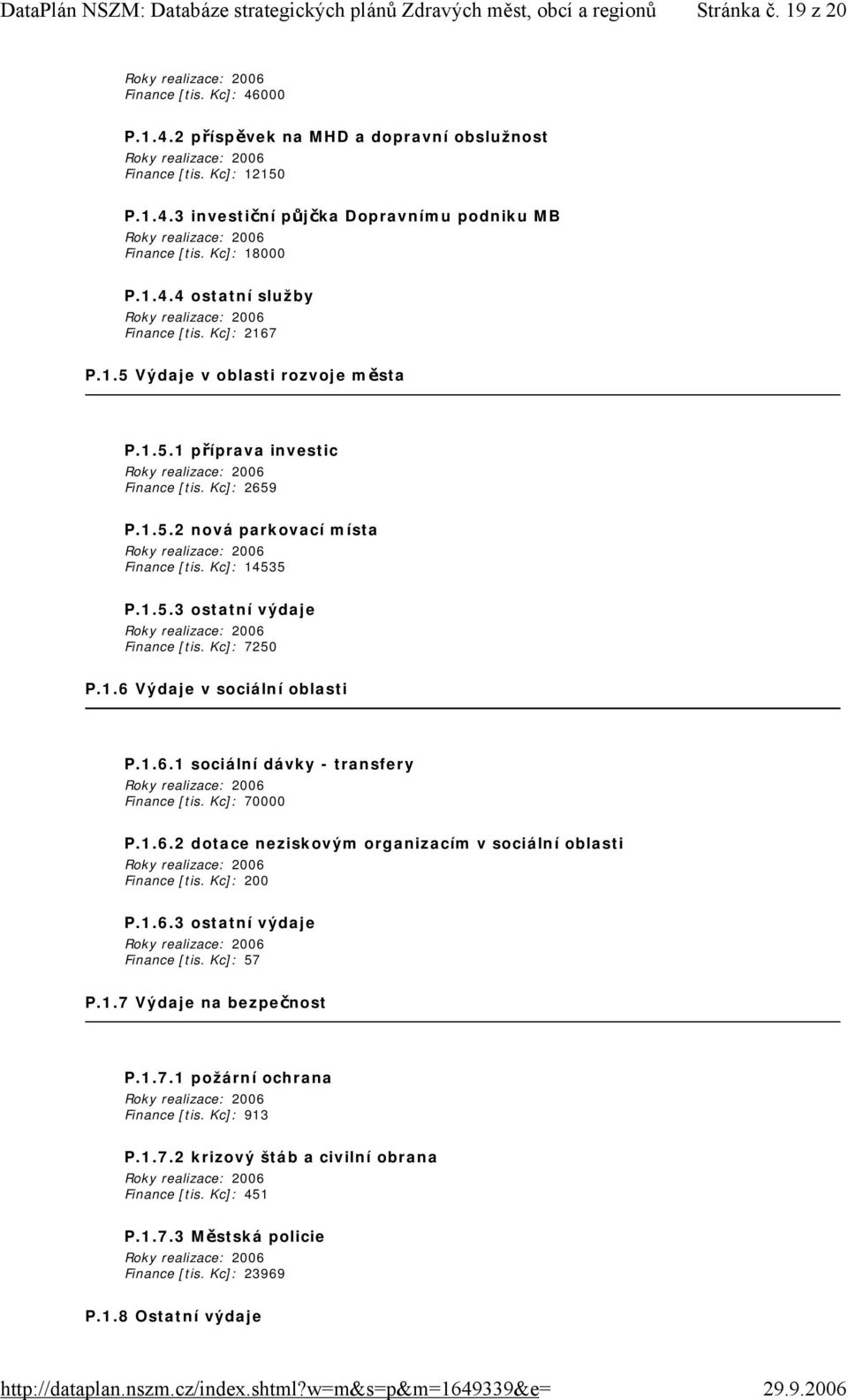 1.6 Výdaje v sociální oblasti P.1.6.1 sociální dávky - transfery Finance [tis. Kc]: 70000 P.1.6.2 dotace neziskovým organizacím v sociální oblasti Finance [tis. Kc]: 200 P.1.6.3 ostatní výdaje Finance [tis.