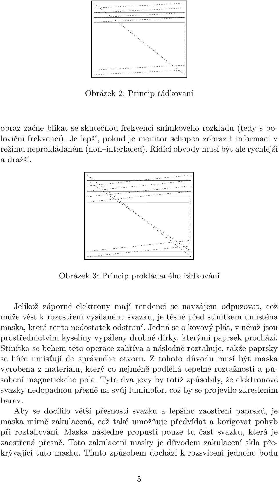 Obrázek 3: Princip prokládaného řádkování Jelikož záporné elektrony mají tendenci se navzájem odpuzovat, což může vést k rozostření vysílaného svazku, je těsně před stínítkem umístěna maska, která