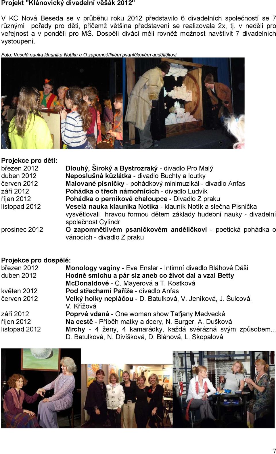 Foto: Veselá nauka klauníka Notíka a O zapomnětlivém psaníčkovém andělíčkovi Projekce pro děti: březen 2012 duben 2012 červen 2012 září 2012 říjen 2012 listopad 2012 prosinec 2012 Dlouhý, Široký a