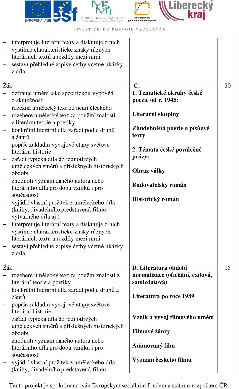 popíše základní vývojové etapy světové literární historie zařadí typická díla do jednotlivých uměleckých směrů a příslušných historických období zhodnotí význam daného autora nebo literárního díla