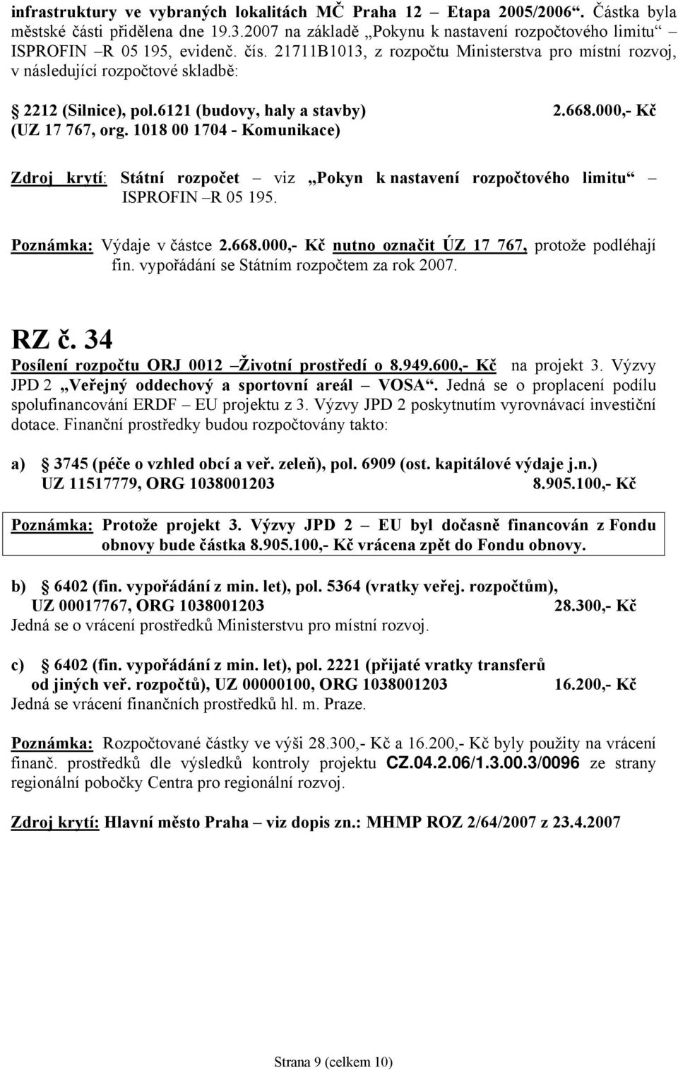 1018 00 1704 - Komunikace) Zdroj krytí: Státní rozpočet viz Pokyn k nastavení rozpočtového limitu ISPROFIN R 05 195. Poznámka: Výdaje v částce 2.668.