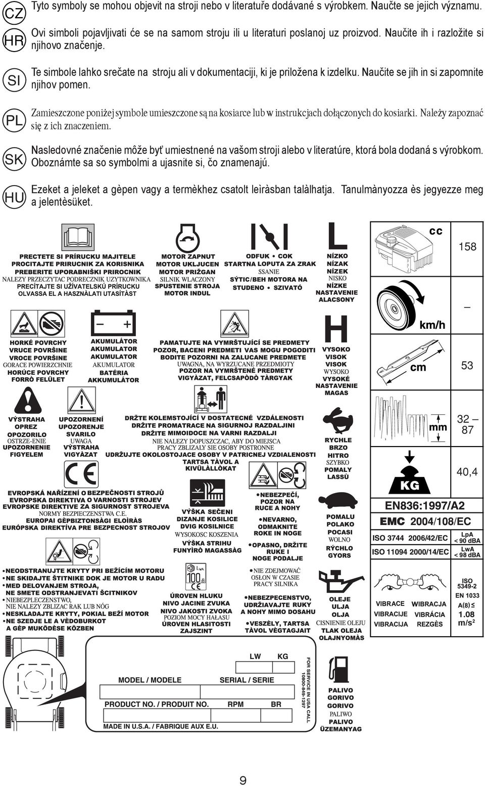 Zamieszczone poni ej symbole umieszczone s¹ na kosiarce lub w instrukcjach do³¹czonych do kosiarki. Nale y zapoznaæ siê z ich znaczeniem.