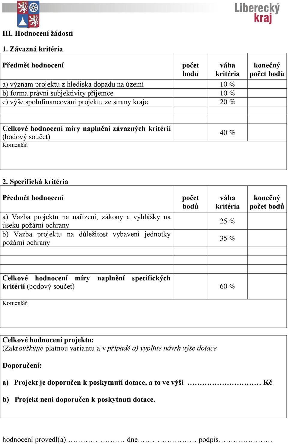 kraje 20 % konečný počet bodů Celkové hodnocení míry naplnění závazných kritérií (bodový součet) Komentář: 40 % 2.