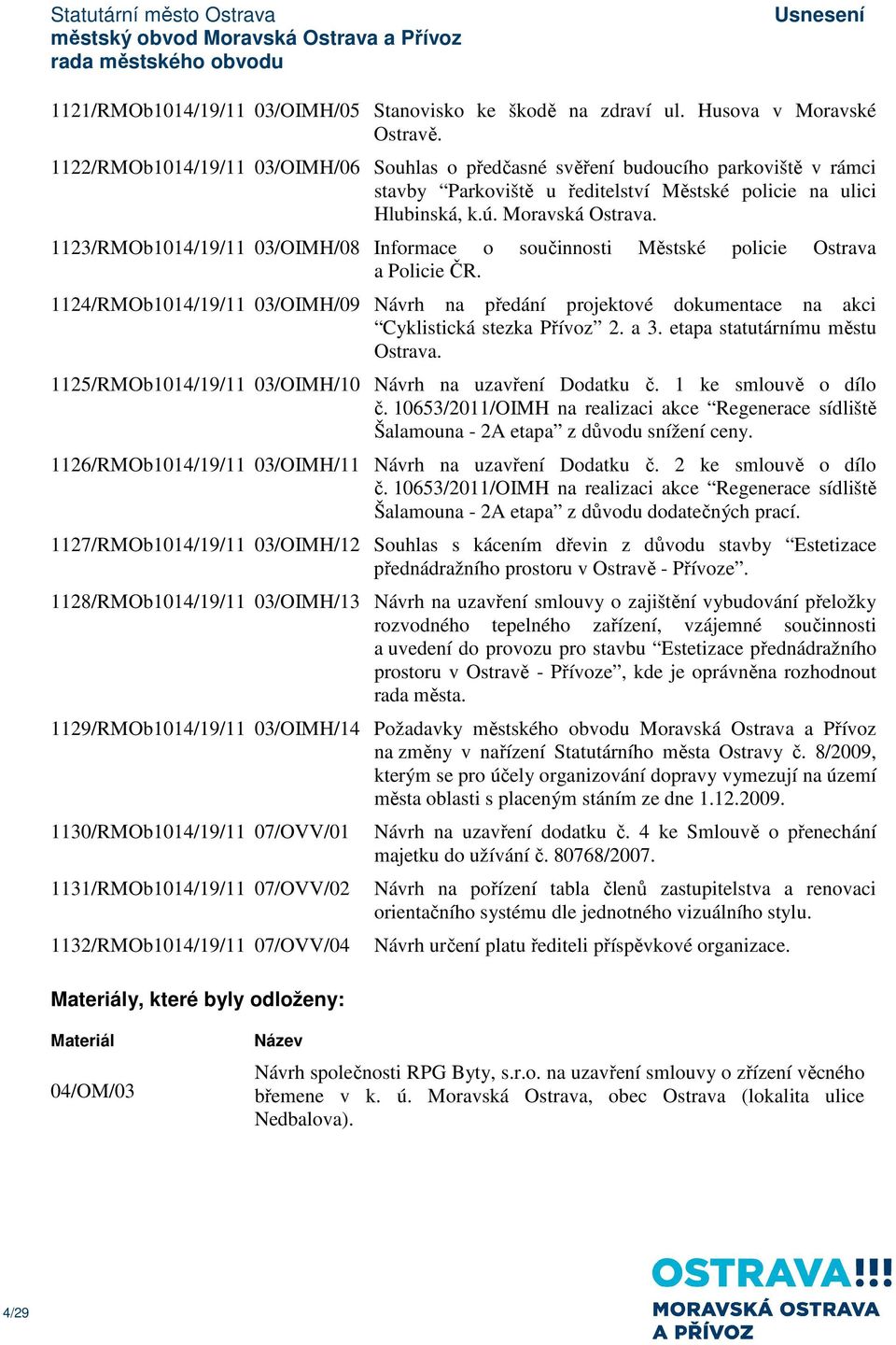 1123/RMOb1014/19/11 03/OIMH/08 Informace o součinnosti Městské policie Ostrava a Policie ČR. 1124/RMOb1014/19/11 03/OIMH/09 Návrh na předání projektové dokumentace na akci Cyklistická stezka Přívoz 2.