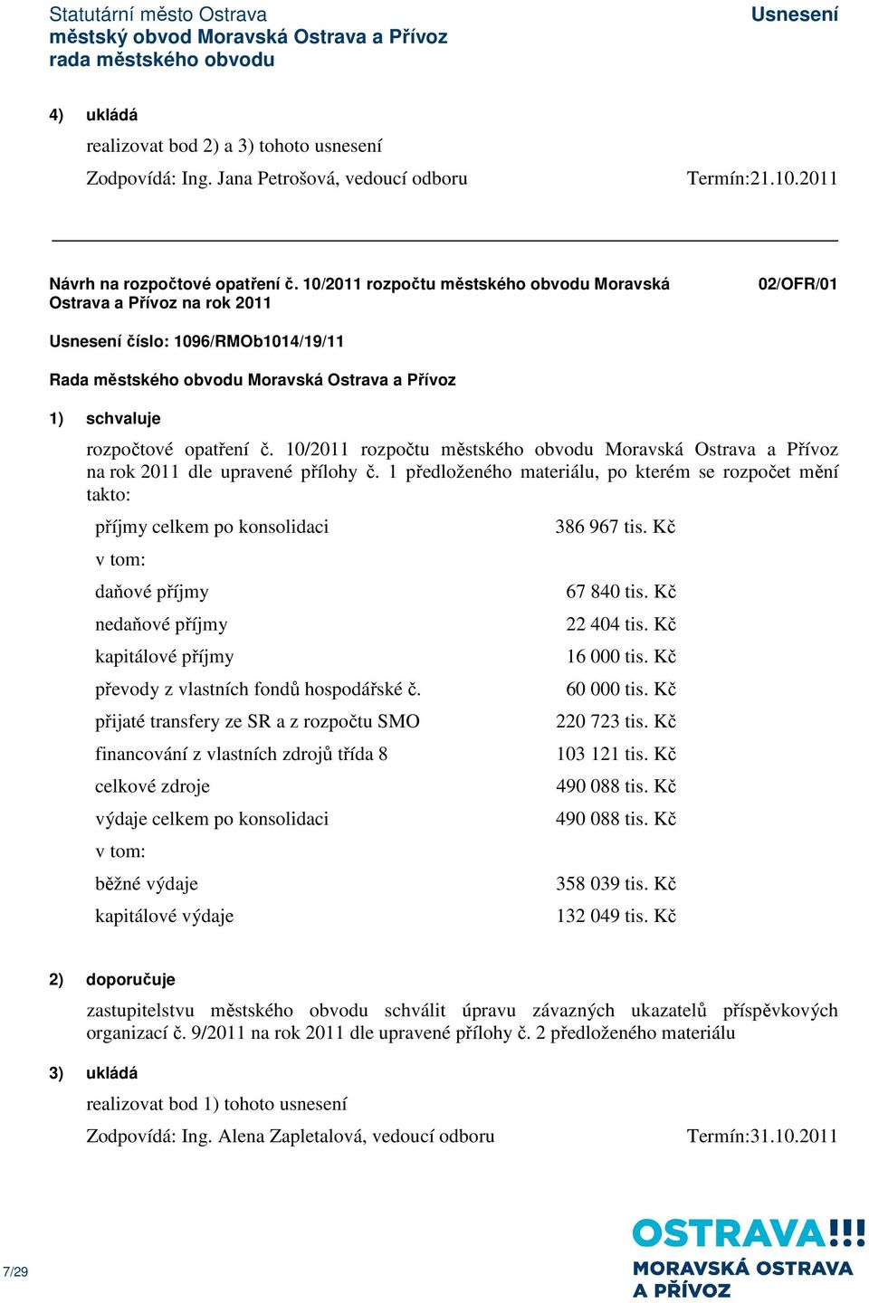 10/2011 rozpočtu městského obvodu Moravská Ostrava a Přívoz na rok 2011 dle upravené přílohy č.