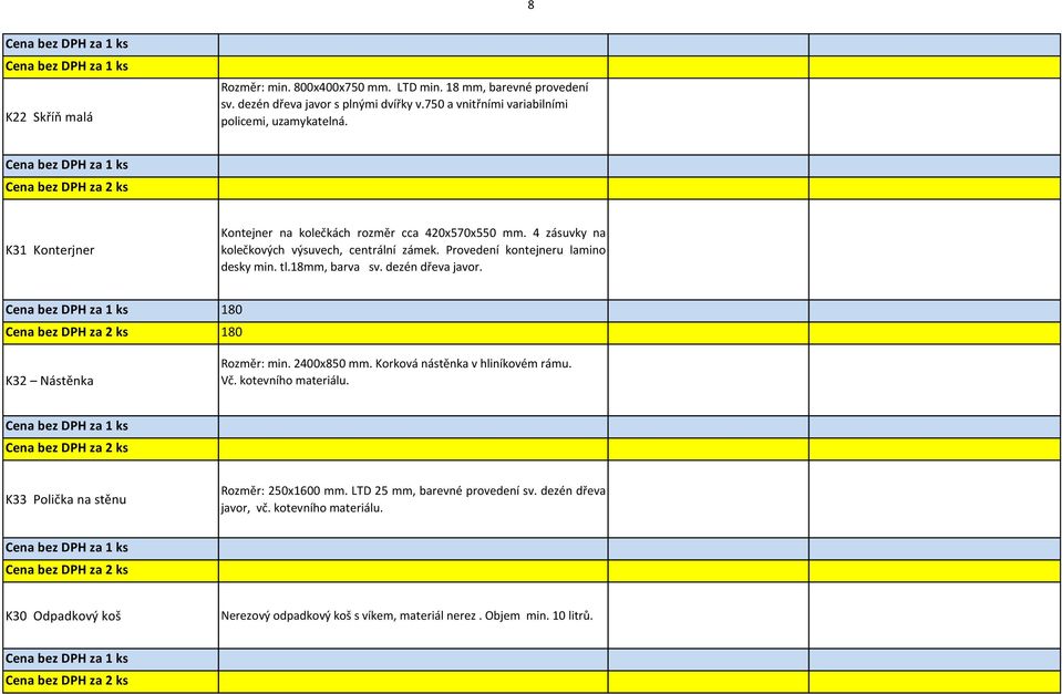 Provedení kontejneru lamino desky min. tl.18mm, barva sv. dezén dřeva javor. 180 180 K32 Nástěnka Rozměr: min. 2400x850 mm. Korková nástěnka v hliníkovém rámu. Vč.
