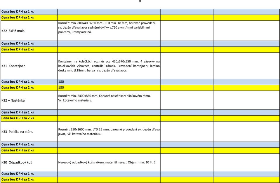 Provedení kontejneru lamino desky min. tl.18mm, barva sv. dezén dřeva javor. 180 180 K32 Nástěnka Rozměr: min. 2400x850 mm. Korková nástěnka v hliníkovém rámu. Vč.