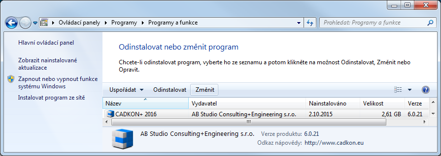 Změna konfigurace CADKONu+ V systému můžete mít nainstalován CADKON+ 2016 pouze jednou. Dodatečnou změnu konfigurace, lze provést následujícím způsobem: 1.