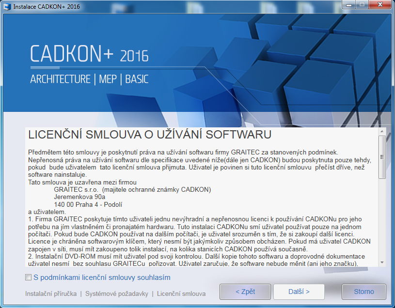 3. V dialogovém panelu Výběr produktu zaškrtněte moduly, které chcete nainstalovat. Jednotlivé komponenty je možné doinstalovat dodatečně (viz. kapitola Změna konfigurace CADKONu+ 2016).