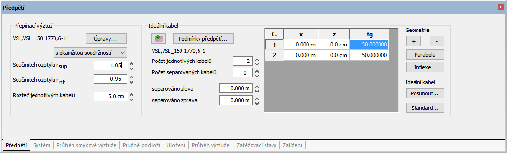 Základní principy Panel tabulek (oblast F) Záložka Průběh podloží obsahuje přehled zadaných průběhů podloží pod nosníkem. Lze vkládat další nové průběhy podloží.