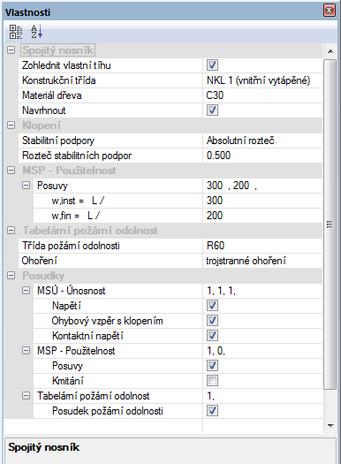 Základní principy Panel vlastností (oblast G) 1.8.2 Ocelový nosník Panel vlastností obsahuje parametry posouzení na MSÚ a MSP. Nejprve se volí, zda se má posouzení na MS únosnosti provést.