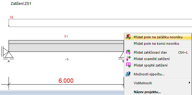 Nastavení Pole nosníků Kliknutím na korespondující kótu v grafickém panelu (oblast D) Nové pole může být vytvořeno následujícím způsobem: Funkcí Přidat pole vlevo, resp.