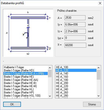 pod názvem Ocel-Úvodní příklad. 4.2.1 Všeobecně Norma: ČSN EN 1993-1-1 Materiál: S235 Zohlednit vlastní tíhu? Ne 4.2.2 Průřezy U tohoto příkladu se využije načtení průřezu ocelového profilu HE-A_120 z integrované databanky.