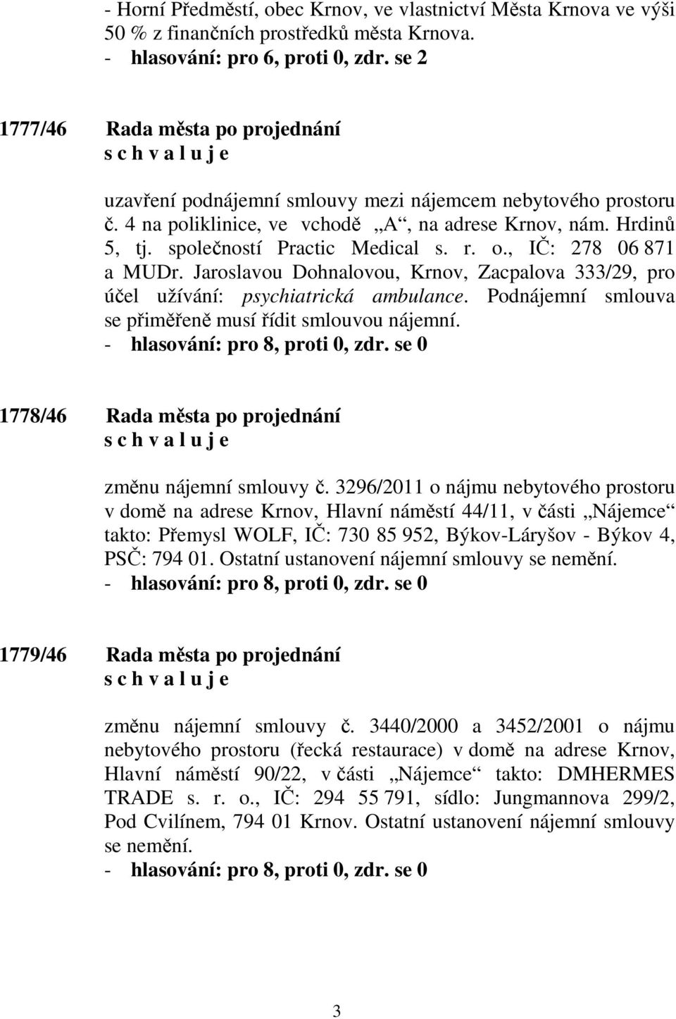 r. o., IČ: 278 06 871 a MUDr. Jaroslavou Dohnalovou, Krnov, Zacpalova 333/29, pro účel užívání: psychiatrická ambulance. Podnájemní smlouva se přiměřeně musí řídit smlouvou nájemní.