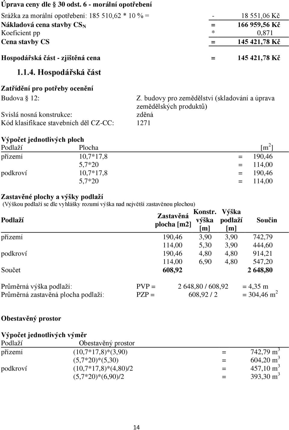 část - zjištěná cena = 145 421,78 Kč 1.1.4. Hospodářská část Zatřídění pro potřeby ocenění Budova 12: Z.