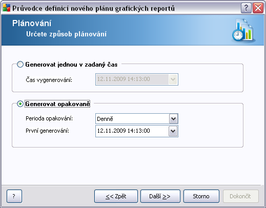 V tomto dialogu vyberte, zdali si přejete vygenerovat report pouze jednou ve vybraný čas, nebo jej generovat opakovaně: Generovat jednou v zadaný čas - vyberte konkrétní datum a čas