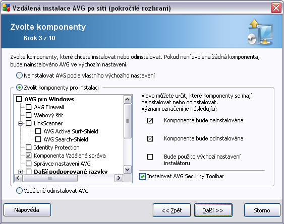 V tomto kroku máte možnost vybrat komponenty AVG, které chcete nainstalovat (vybrat lze také výchozí nastavení).