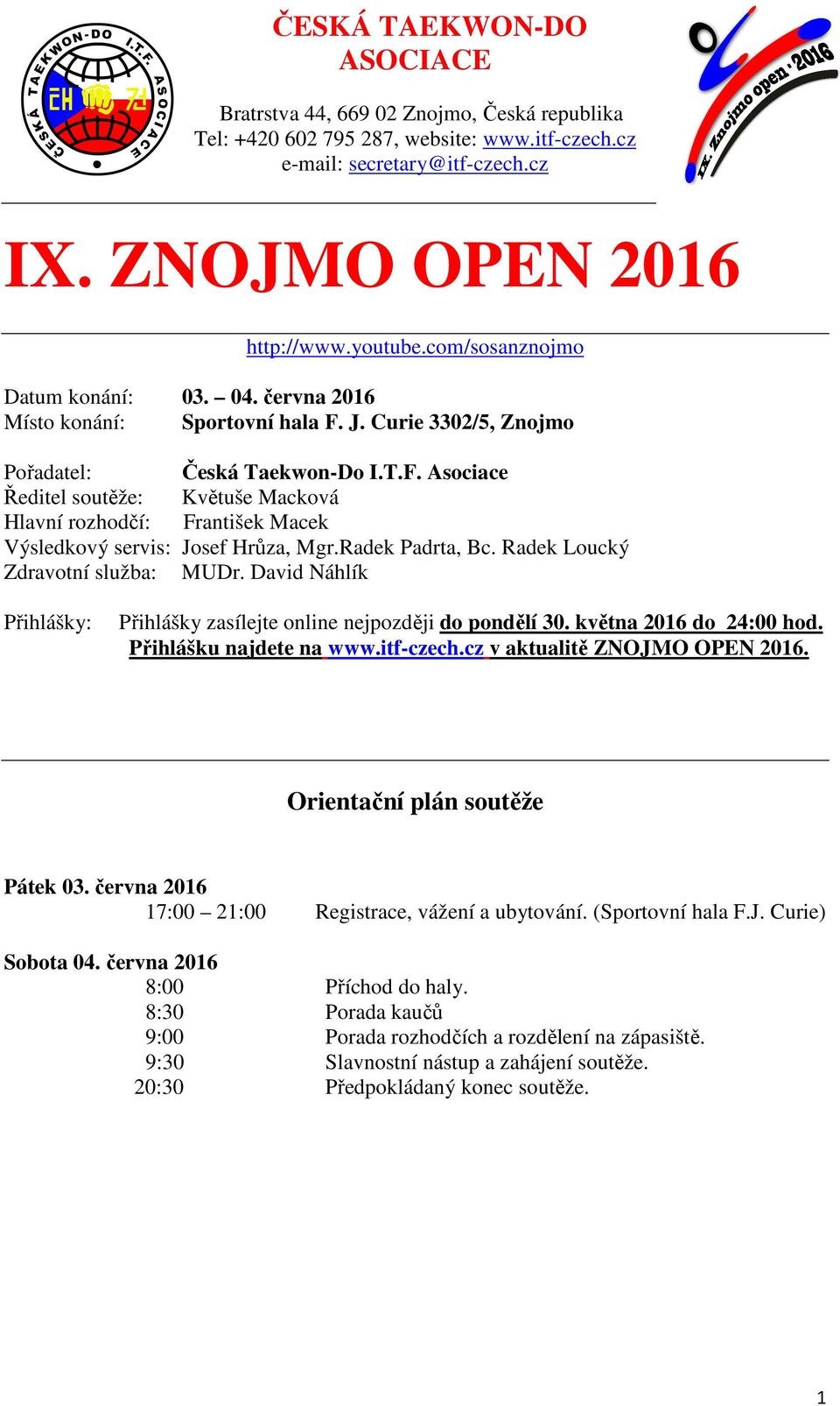 Radek Loucký Zdravotní služba: MUDr. David Náhlík Přihlášky: Přihlášky zasílejte online nejpozději do pondělí 30. května 2016 do 24:00 hod. Přihlášku najdete na www.itf-czech.