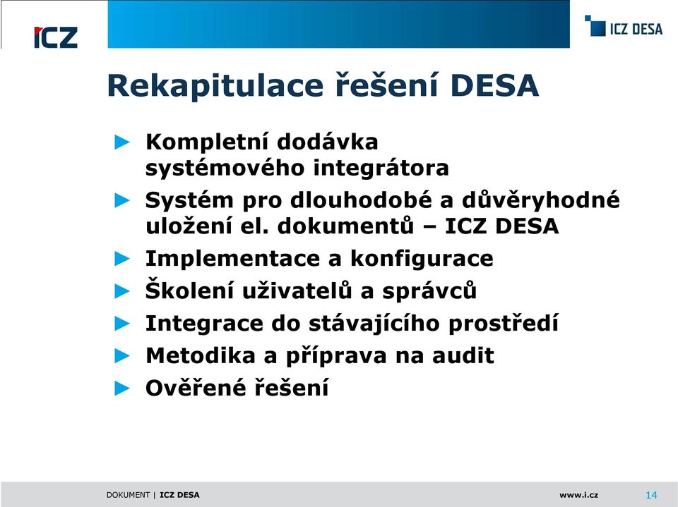dokumentů ICZ DESA Implementace a konfigurace Školení uživatelů a správců