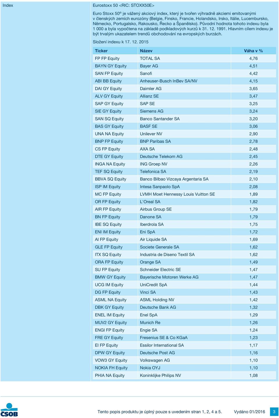 Hlavním cílem indexu je být trvalým ukazatelem trendů obchodování na evropských burzách. Složení indexu k 17. 12.