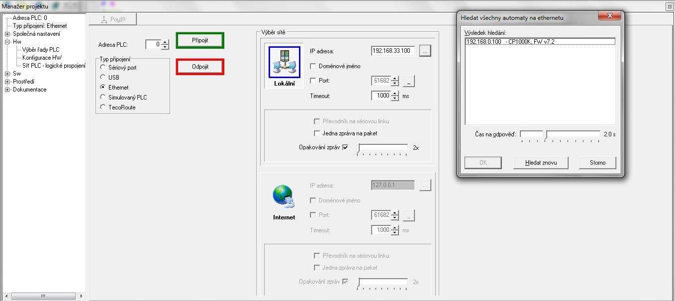 4 Programování systému Foxtrot pomocí softwaru Mosaic 33 - Přejděte na záloţku Typ připojení a zvolte moţnost Ethernet, v pravé části klikněte na