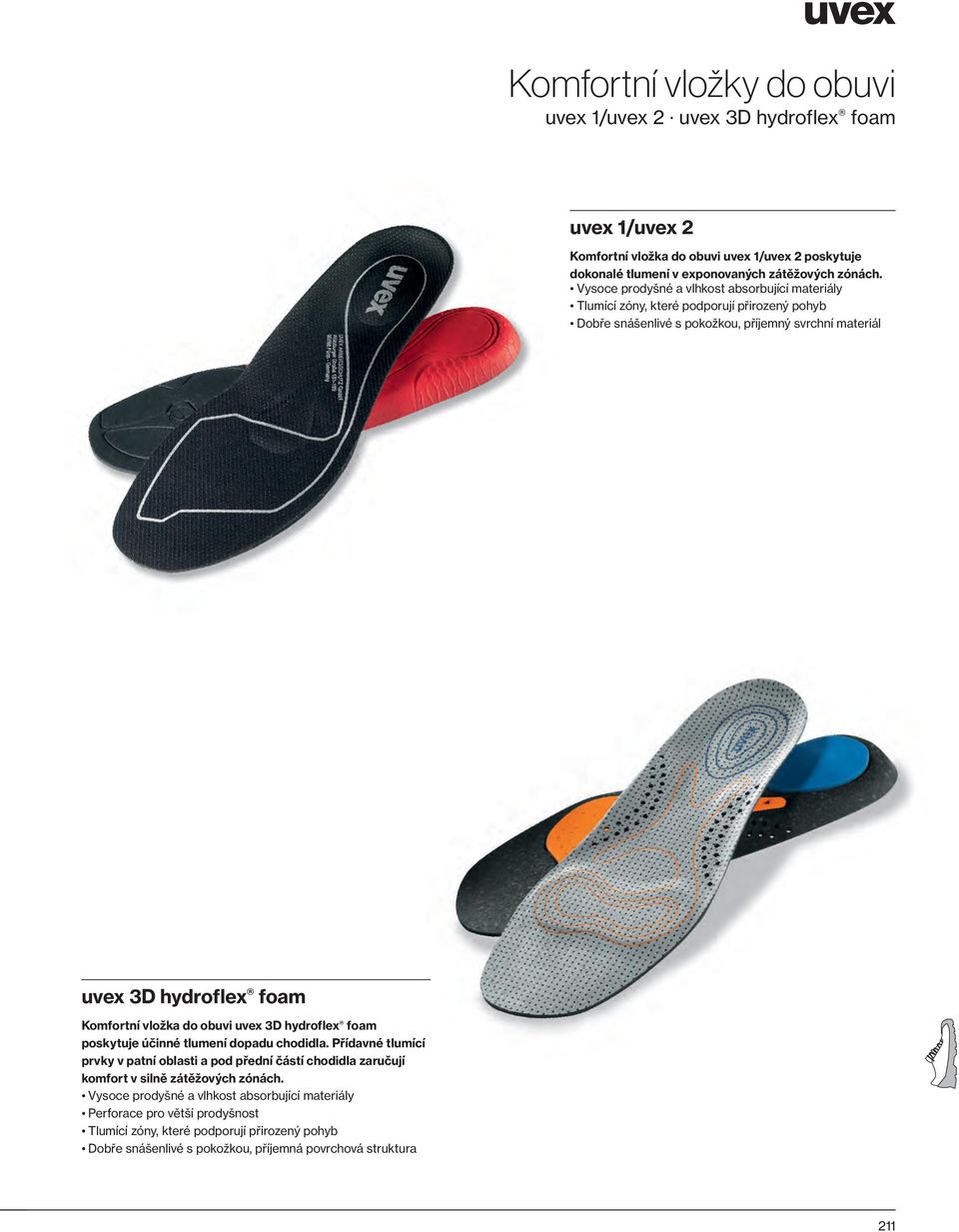 vložka do obuvi uvex 3D hydroflex foam poskytuje účinné tlumení dopadu chodidla.
