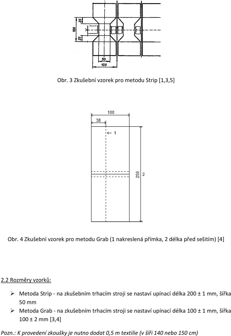 2 Rozměry vzorků: Metoda Strip na zkušebním trhacím stroji se nastaví upínací délka 200 ± 1 mm, šířka 50