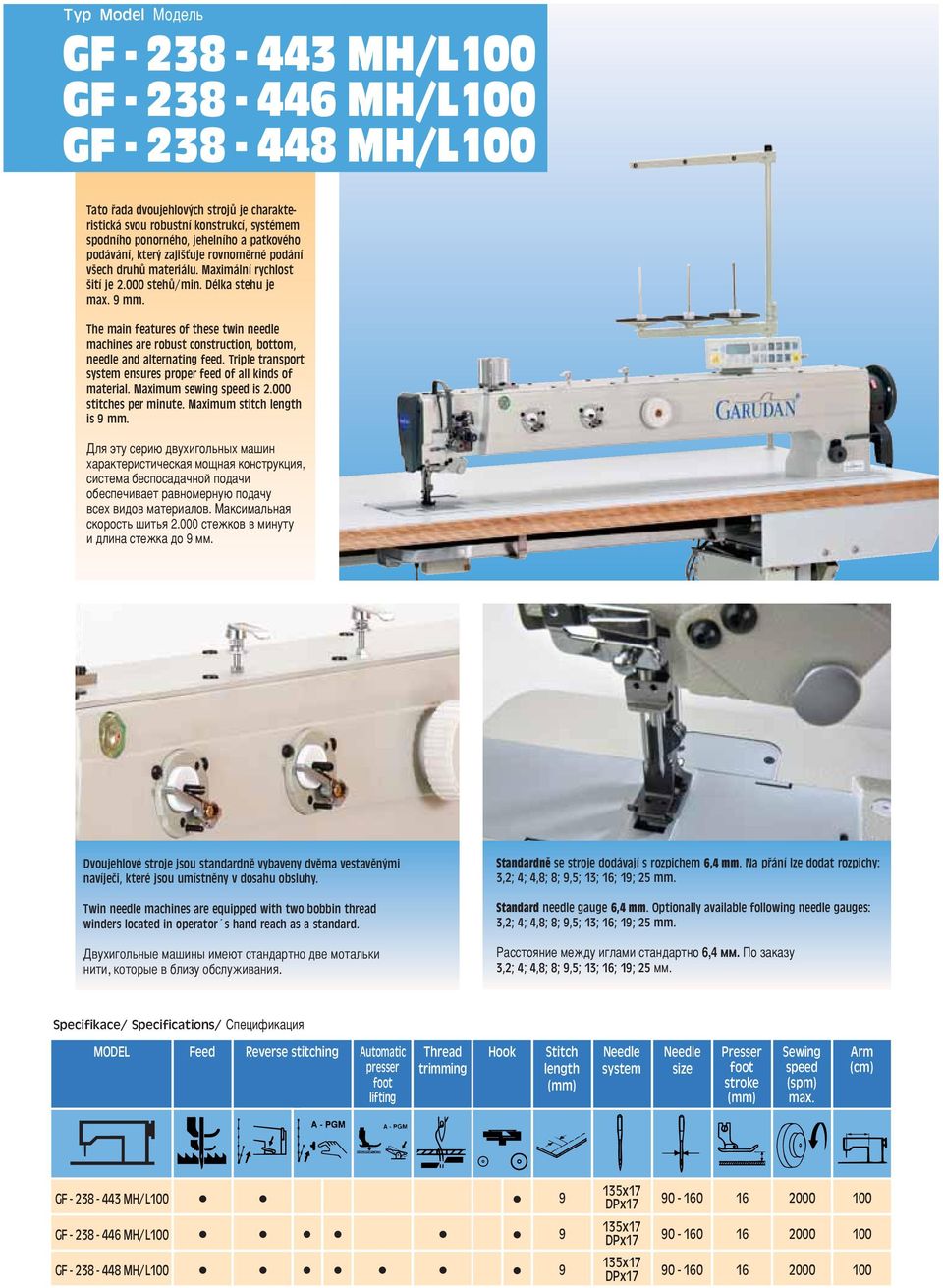 The main features of these twin needle machines are robust construction, bottom, needle and alternating feed. Triple transport ensures proper feed of all kinds of material. Maximum sewing is 2.