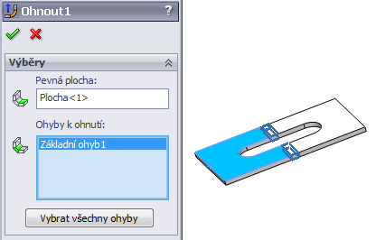 Narovnat a ohnout prvky nejčastěji používáme ve vzájemné kombinaci a slouží pro práci s již vytvořenými ohyby. Zpravidla je využijeme ke tvorbě normálových odebrání v již ohnutých plechových dílech.