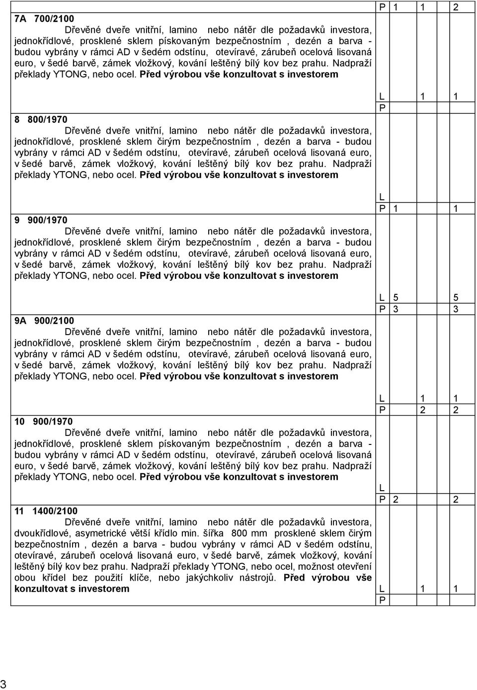 Před výrobou vše konzultovat s investorem 8 800/1970 jednokřídlové, prosklené sklem čirým bezpečnostním, dezén a barva - budou vybrány v rámci AD v šedém odstínu, otevíravé, zárubeň ocelová lisovaná