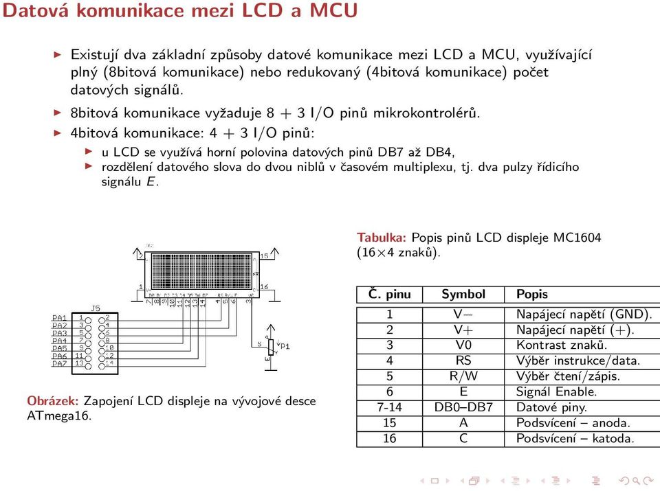 4bitová komunikace: 4 + 3 I/O pinů: u LCD se využívá horní polovina datových pinů DB7 až DB4, rozdělení datového slova do dvou niblů v časovém multiplexu, tj. dva pulzy řídicího signálu E.
