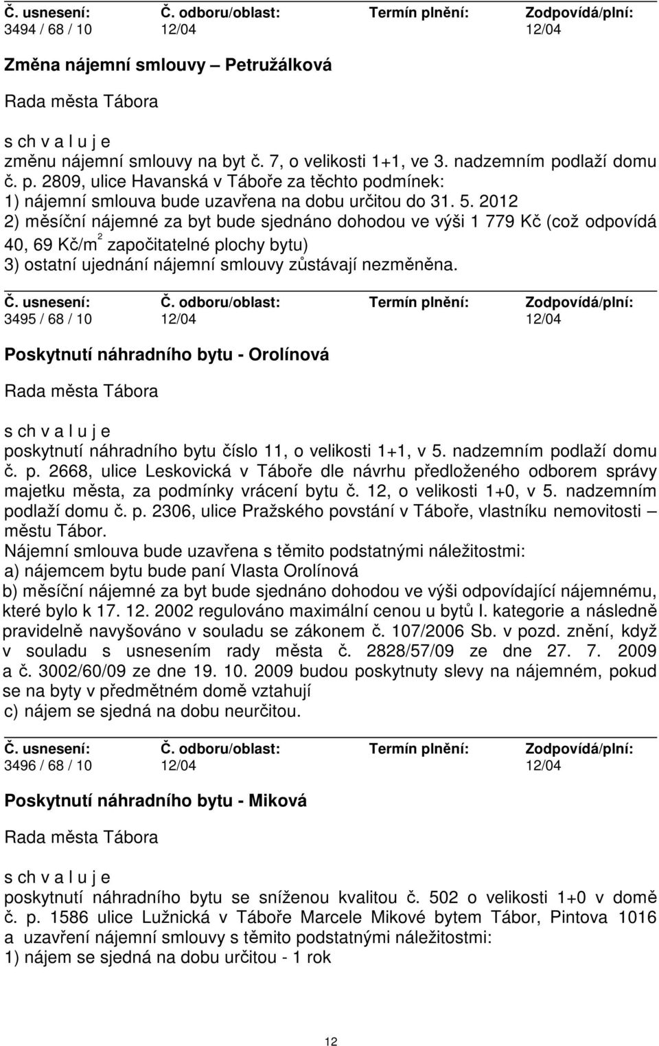 2012 2) měsíční nájemné za byt bude sjednáno dohodou ve výši 1 779 Kč (což odpovídá 40, 69 Kč/m 2 započitatelné plochy bytu) 3) ostatní ujednání nájemní smlouvy zůstávají nezměněna.