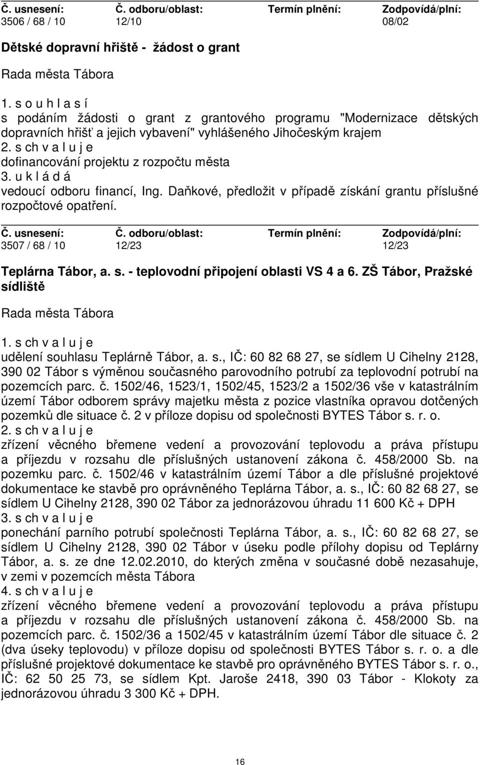 u k l á d á vedoucí odboru financí, Ing. Daňkové, předložit v případě získání grantu příslušné rozpočtové opatření. 3507 / 68 / 10 12/23 12/23 Teplárna Tábor, a. s.