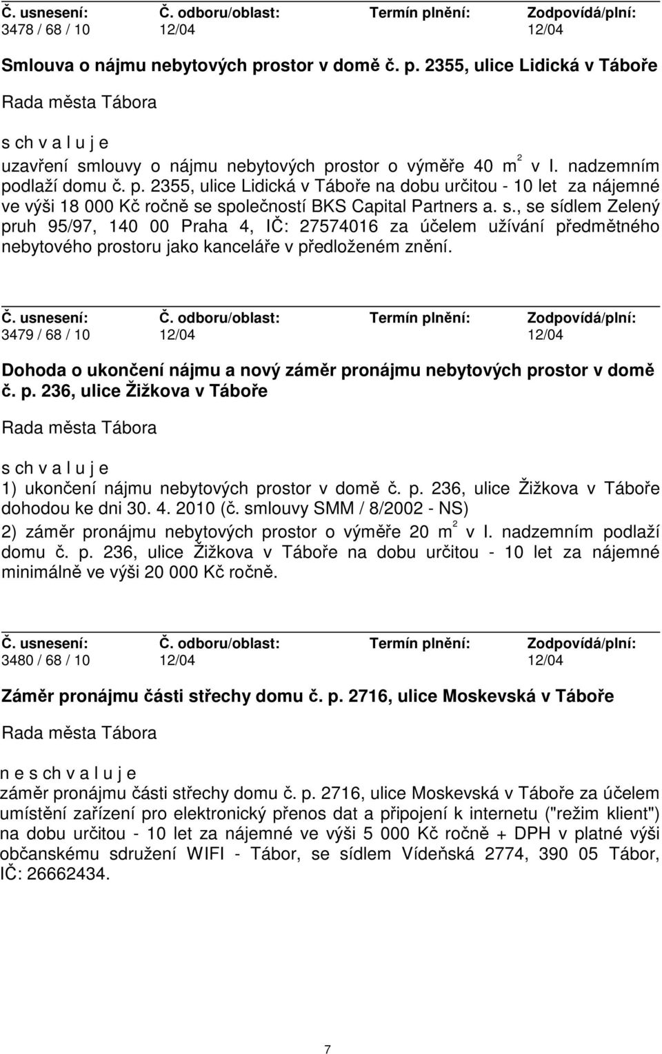 3479 / 68 / 10 12/04 12/04 Dohoda o ukončení nájmu a nový záměr pronájmu nebytových prostor v domě č. p. 236, ulice Žižkova v Táboře 1) ukončení nájmu nebytových prostor v domě č. p. 236, ulice Žižkova v Táboře dohodou ke dni 30.